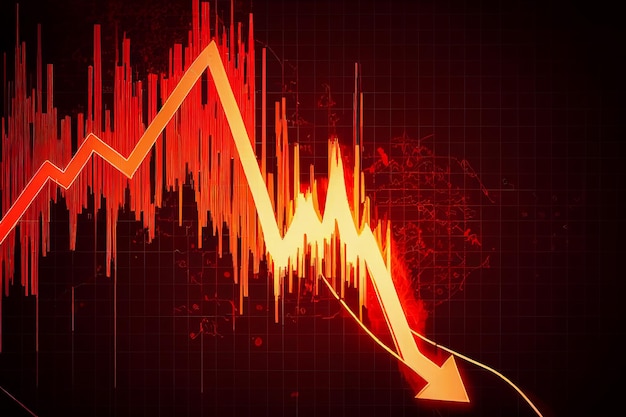 写真 下降傾向にある金融市場のグラフ チャートは、ai が生成した危機的状況での投資からの火災爆発で赤い矢印を下に向ける