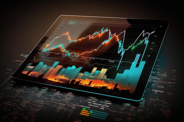 Financial market graph on monitor of tablet computer showing trends in investments and trade at night