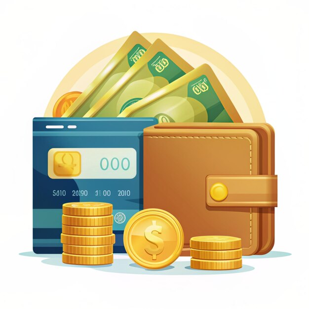 Photo financial payment vector icon illustration wallet and debit card gold coin business icon concept white isolated flat cartoon style suitable for web landing page banner sticker background