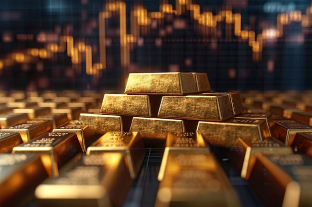 Financial planning gold bars stacked with a comprehensive stock chart