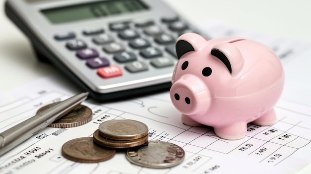 財政計画とカリキュレーター 貯蓄予算と財政計画の概念を表すデスク上の貯蓄金コインのカリュレーターと財務文書
