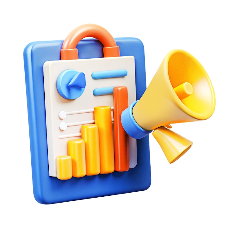 Photo financial report chart and megaphone 3d business cartoon style illustration