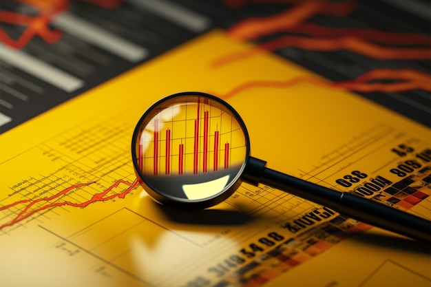 Photo financial report on yellow backdrop with growth focused graphs arrows and magnifier