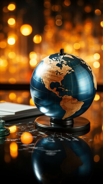 Financial reports and graphs encircle a glass globe in a toned image Vertical Mobile Wallpaper