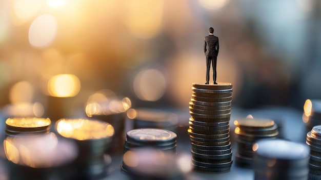 Photo financial stability businessman and stack of coins symbolizing stability in business