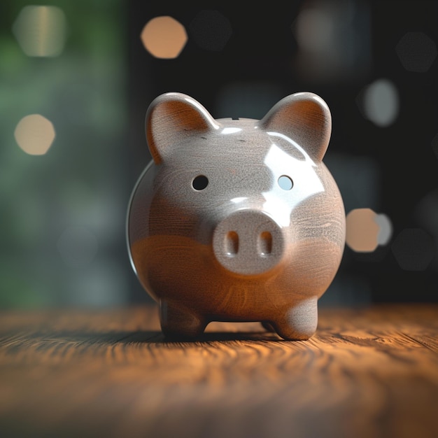 Financial stability White piggy bank on rustic wooden table For Social Media Post Size