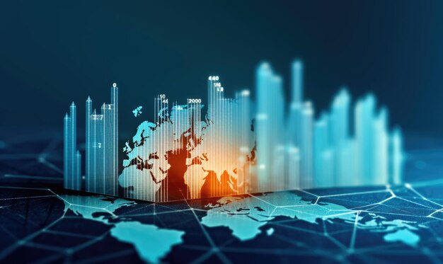 Financial stock market graph and candlestick chart on abstract background Double exposure