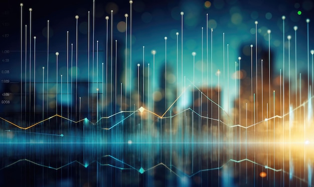 Financial stock market graph and candlestick chart on abstract background Double exposure