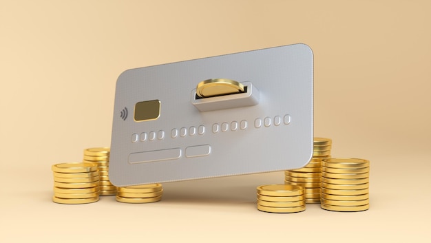 Financial transaction concept Coins with credit or debit card on beige background Cashless credit