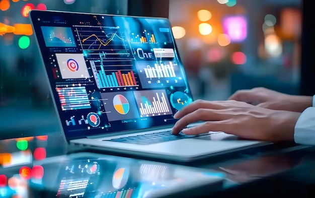 Financieel systeem van grafieken en diagrammen op een laptop Financieel of bedrijfsanalyseconcept