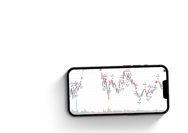 Financiële beursgrafiek op het smartphonescherm op witte achtergrond. Beurs.