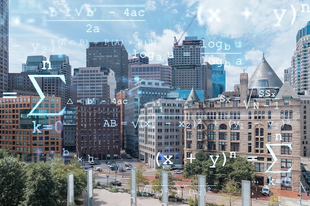 Financiële binnenstad uitzicht op de stad panorama van boston vanuit het havengebied overdag massachusetts technologisch en educatief concept academisch onderzoek en top ranking universiteiten hologram