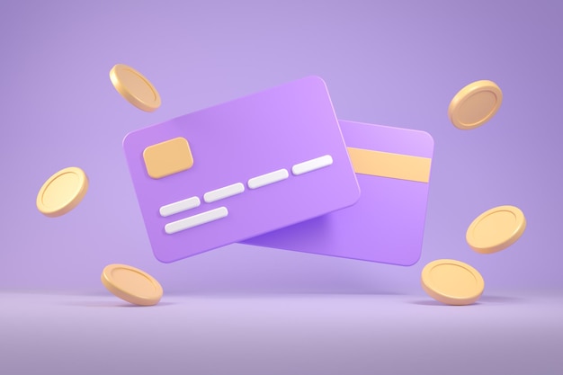 Financiële Credit Debit Card Munten Drijvende Cashless Concept Illustratie Achtergronden 3D-rendering