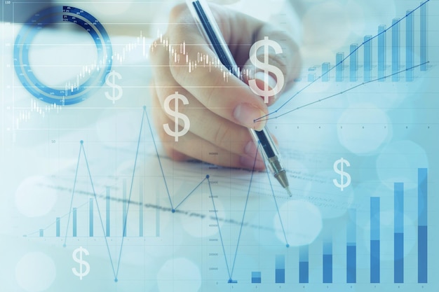 Financiële diensten pictogram en beurs business concepttrader's hand met geld grafieken en diagrammen