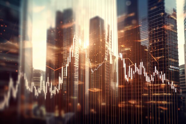 Foto financiële en handelsgrafieken op een achtergrond van nachtelijke stad