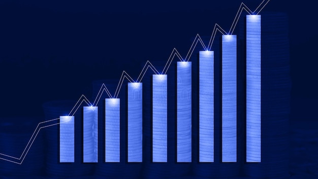 Financiële grafiek met opwaartse trendlijn en pijlengroei in aandelenmarkt op blauwe kleurenachtergrond