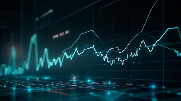 Financiële grafieken gloeiende lijnen en diagram op digitaal scherm Handelsmarkt en economisch concept Financiële crisis en inflatie Generatieve AI
