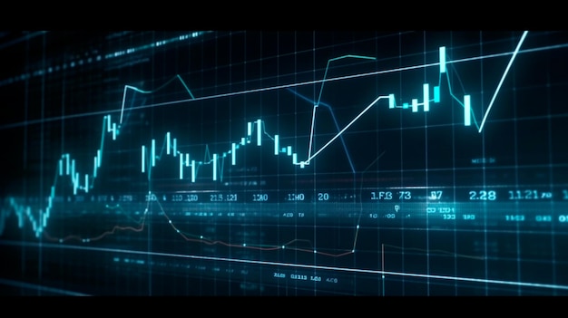Financiële grafieken gloeiende lijnen en diagram op digitaal scherm Handelsmarkt en economisch concept Financiële crisis en inflatie Generatieve AI