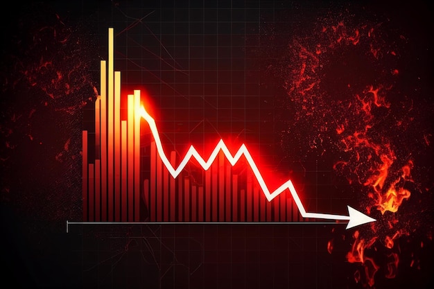 Financiële marktgrafiek daalt trend rode pijl naar beneden met brandexplosie van investering in crisissituatie gegenereerde ai