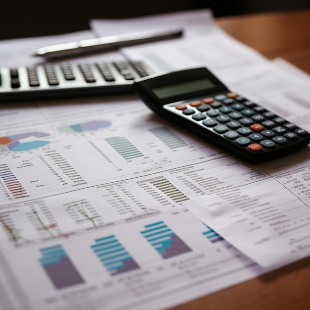 Financiële overzichten en balansen met rekenmachine voor boekhouding en financieel beheer
