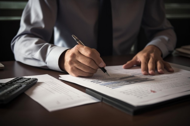 Financiële planning Een onherkenbare man die een rekenmachine gebruikt en documenten nakijkt