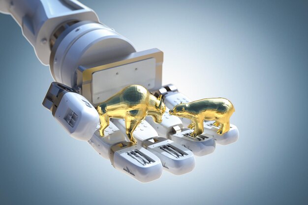 Financiële technologie concept met 3D-rendering robot analyseren stier en beren beurs