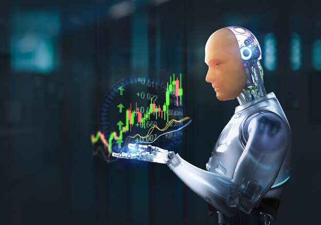 Financiële technologie concept met robot analyseren beurs