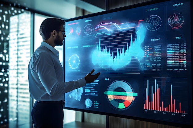 Financiële technologie kpi dashboard op virtueel scherm big data analytics visualisatietechnologie