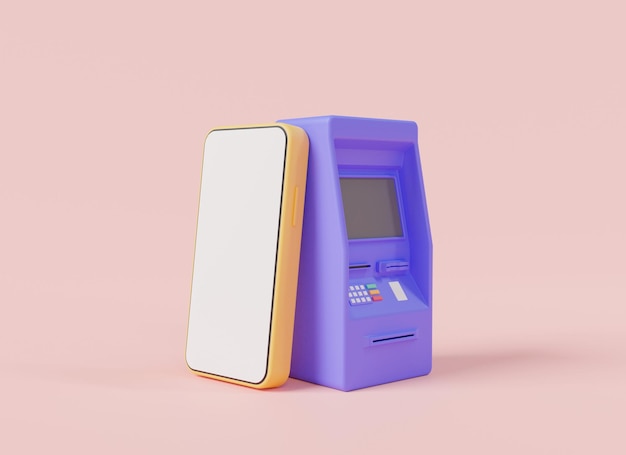 Foto financiële transactie concept geldautomaat met mobiele geldrekeningen en creditcard mobiel bankieren online betaling wisseloverdracht sparen geld geldoverdrachten 3d icoon rendering illustratie