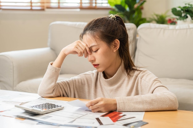 Financiële verschuldigde aziatische jonge vrouw die zit, lijdt gestrest en verward door de kosten van de factuur of rekening te berekenen, heb geen geld om hypotheek of lening te betalen Schuldfaillissement of faillissementsconcept