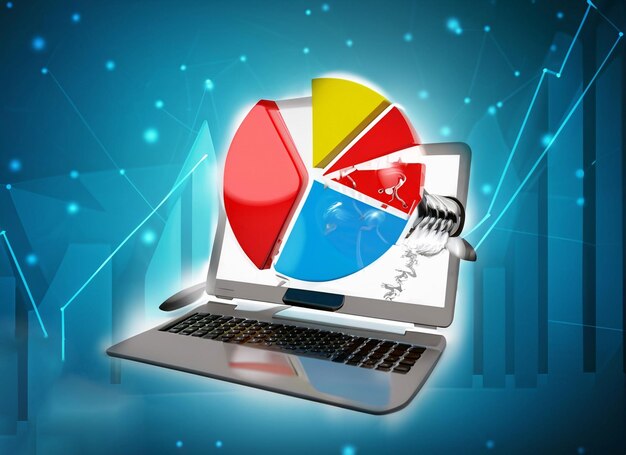 Financiën analyse concept laptop met diagram munten en bankbiljetten op roze achtergrond Financiën beheer Statistiek voor organisatie of investeringen 3d render illustratie