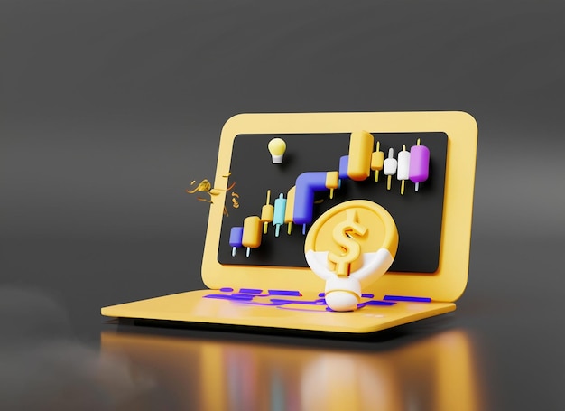 Foto financiën analyse concept laptop met diagram munten en bankbiljetten op roze achtergrond financiën beheer statistiek voor organisatie of investeringen 3d render illustratie