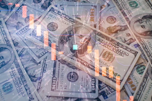 Financiën en investeringsconcept. Grafieken van financiële instrumenten met verschillende soorten indicatoren, waaronder volume-analyse voor professionele technische analyse op de monitor van een computer.