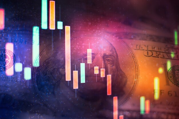 Financiën en investeringsconcept. Grafieken van financiële instrumenten met verschillende soorten indicatoren, waaronder volume-analyse voor professionele technische analyse op de monitor van een computer.