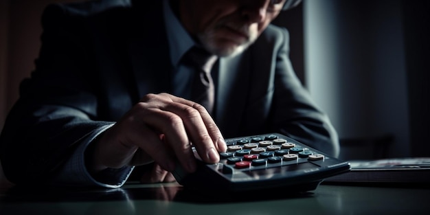 The financier stands in front of the calculator