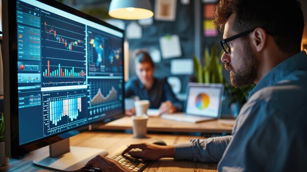 Financier Works on a Personal Computer Showing Statistics