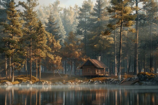 Photo find peace and solitude in a lakeside cabin surrou generative ai