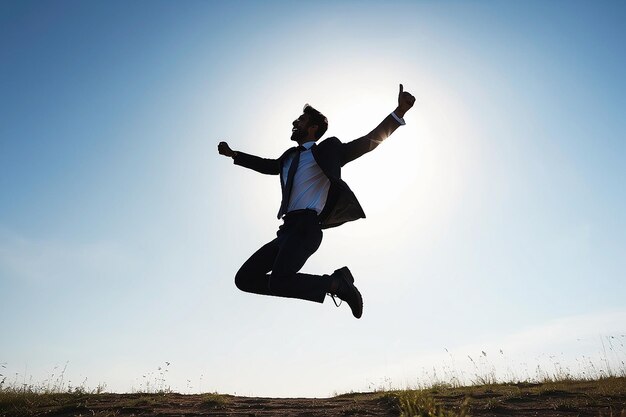 写真 自分の自由を見つけなさい 個人的な達成 目標 男性のシルエット 空の背景でジャンプ 自信のあるビジネスマン 日々の動機付け 人生と自然を楽しむ ビジネス成功 自由