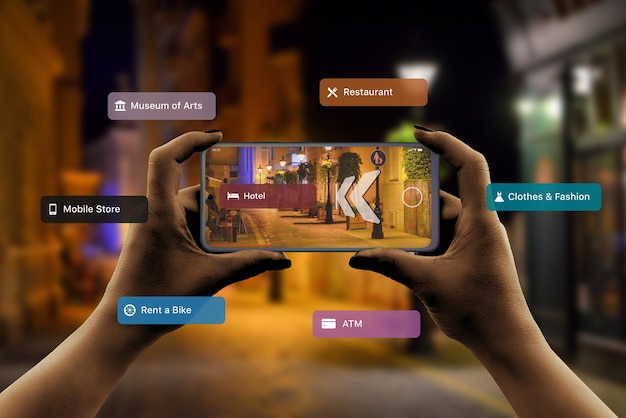 写真 3dナビゲーションアプリ拡張現実で市内のホテルやその他の観光施設を見つける