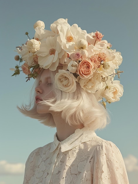 Модный портрет изобразительного искусства с цветочным головным убором Генеративный ИИ