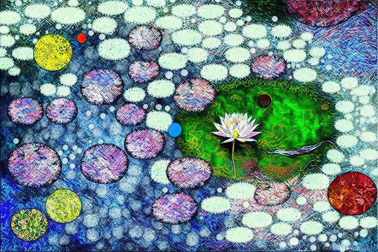 फोटो fine art pointillism top view japanese zen garden pond lilly