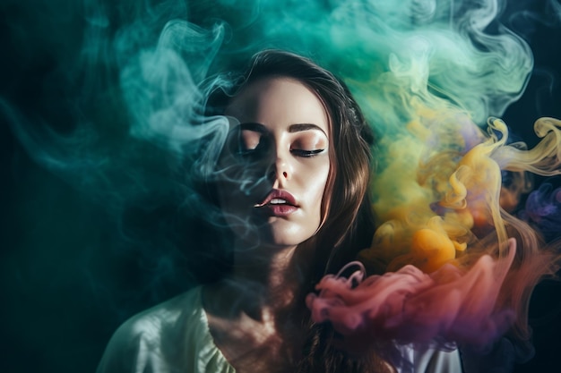 Fine art woman photo in colorful smoke Girl prom alone attractive Generate Ai