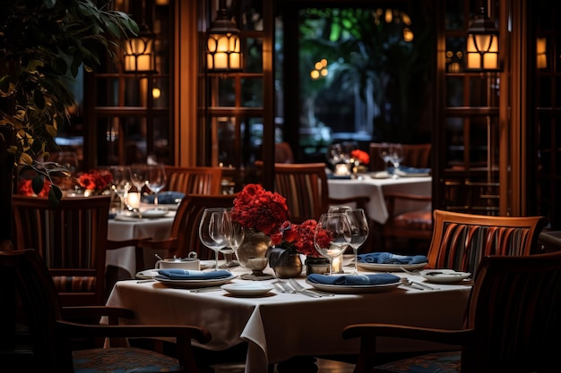 Fine dining room with red flower centerpiece