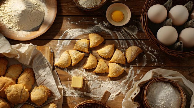 Fine dry biscuits with eggs flour and butter around on a wooden table High quality