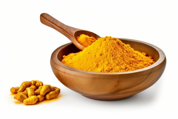 fine dry turmeric powder in wooden bowl isolated on white background generative ai