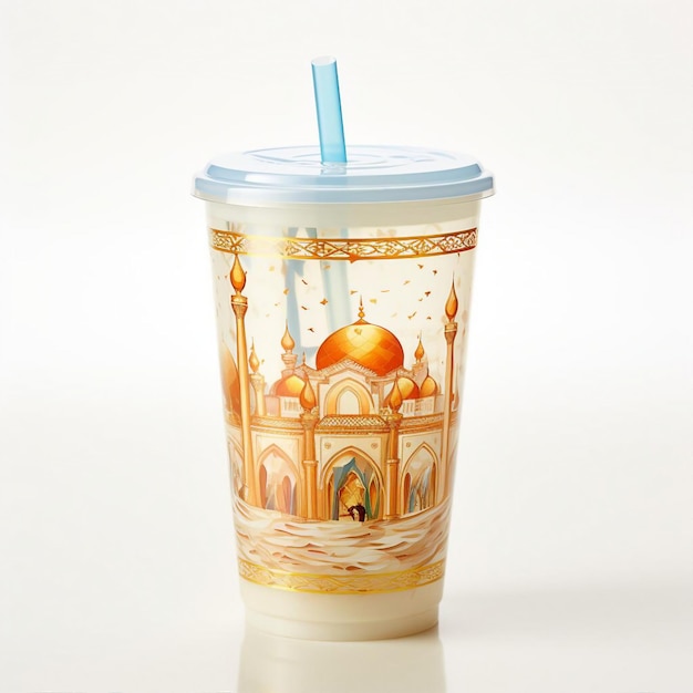 Fine Islamic Themed Tumbler with Straw isolated on White background