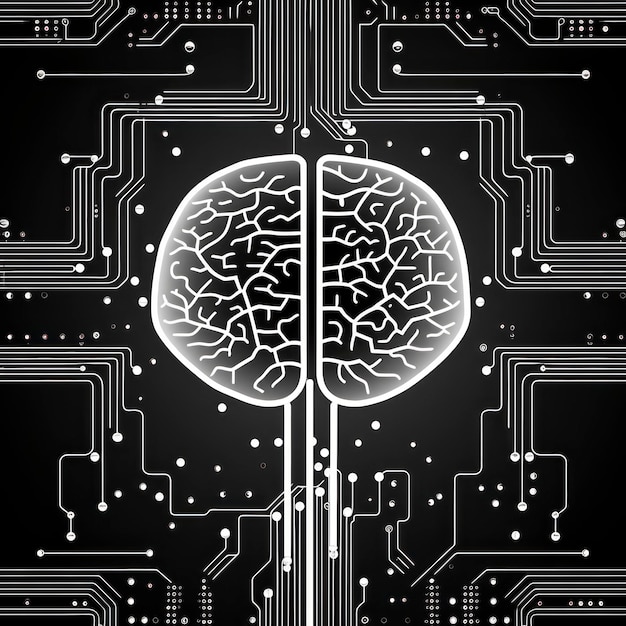 Photo fine line monochrome cyber background white outline of a brain icon