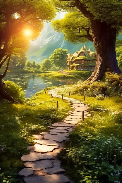 Fine path by the cliff lake to a huge luxury hobbit castle in a fairy fantasy forest Ai generated