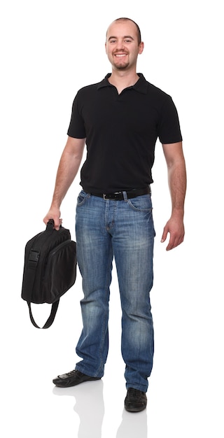 Fine portrait of man with bag isolated on white