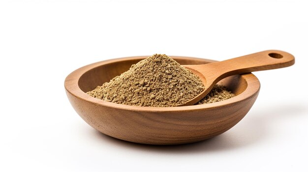 Photo finely dried coriander powder in a wooden bowl